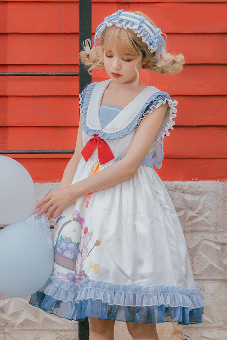 White/Blue Sailor Collar Delicious Food Print Ruffled Sweet Lolita Suspender Dress