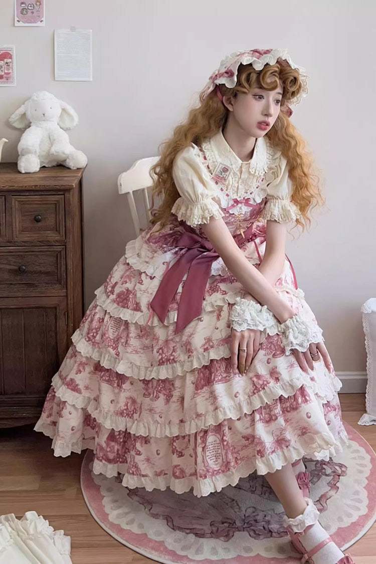 Rose Red Grape Moon Almanac Sleeveless Multi-Layered Printed Ruffled Bow Adjustable-Length Sweet Lolita Jsk Dress