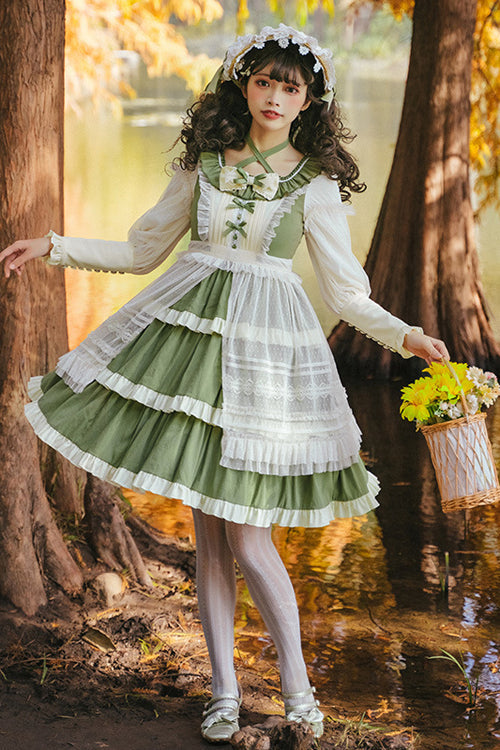 Round Collar Long Sleeve High Waist Multi-Layer Ruffled Sweet Lolita OP Dress