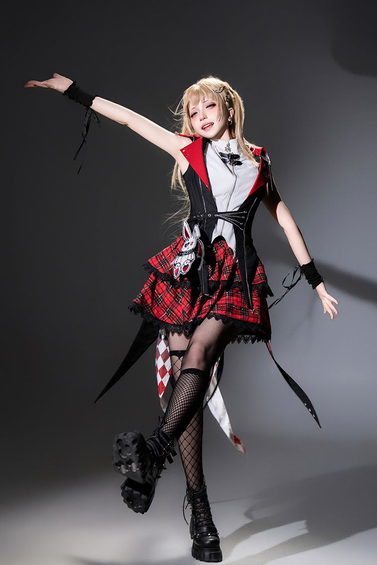Black/Red Rock Bunny Sleeveless Double-Layered Embroidery Hooded Punk Lolita Skirt Set