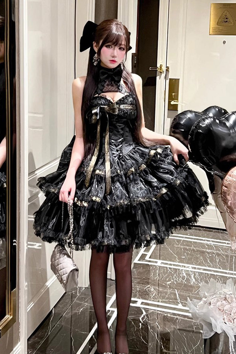 Black First Kiss Halterneck Triple-Layered Ruffle Lace Hot Stamping Gothic Princess Lolita Dress