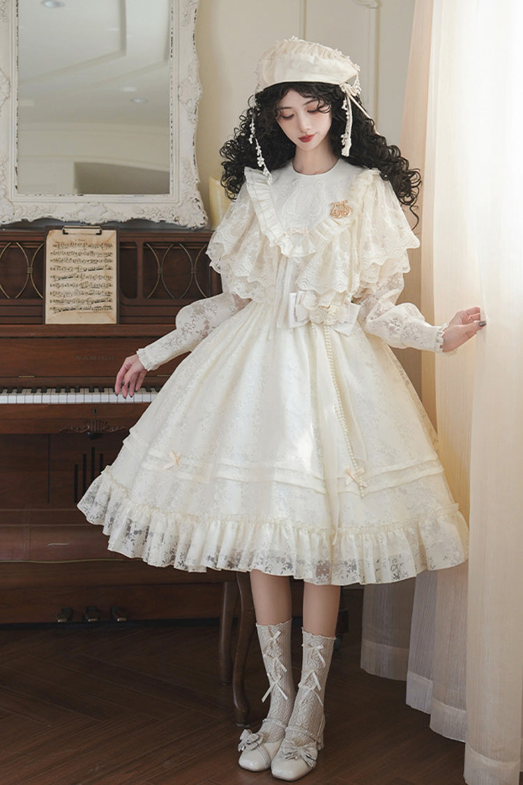 Ivory Flower Sound Long Sleeves Ruffle Cardigan Bowknot Lace Sweet Lolita Dress