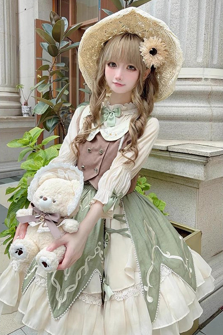 Green The Wizard of Oz Multi-Layered Print Ruffle Bowknot Sweet Lolita Dress Three Piece Set