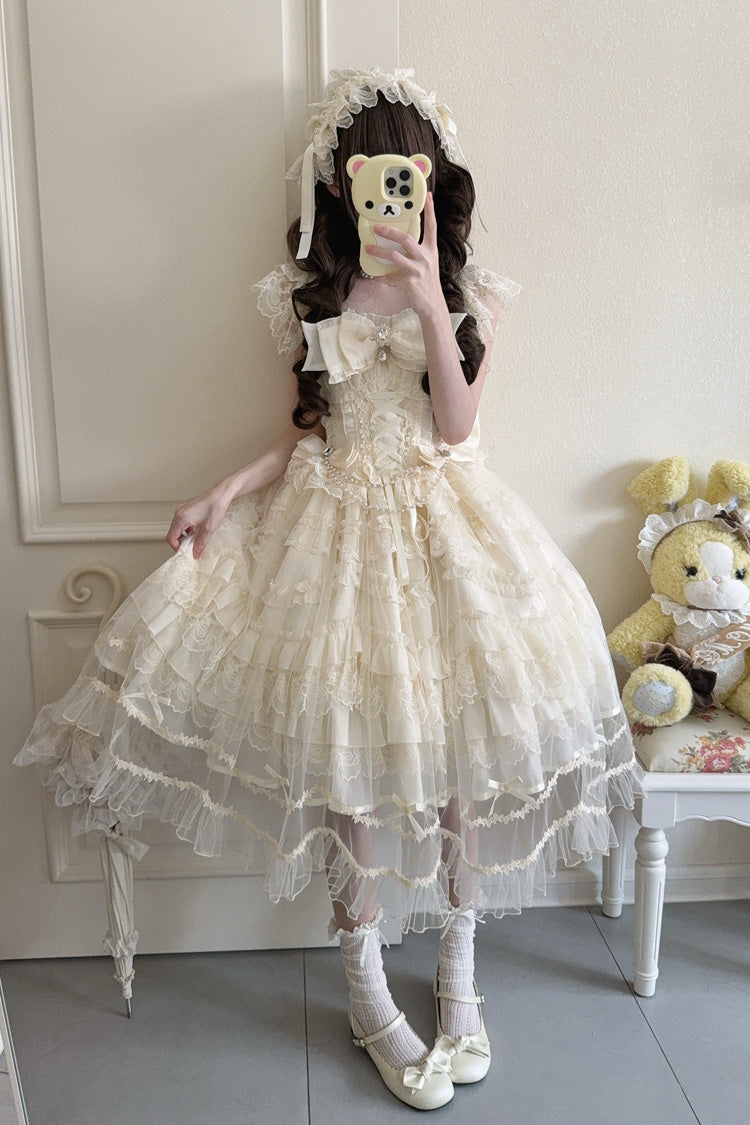 Apricot Eternal Vow Sleeveless Multi-Layered Ruffle Hanayome Bowknot Lace Lace-Up Sweet Lolita Jsk Dress
