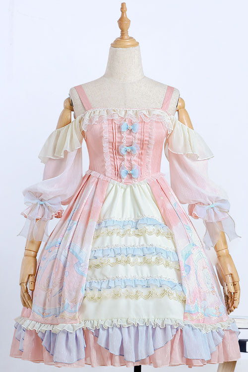 Pink Cloud Dreamland Bowknot Strapless Multi-Layer Ruffled Sweet Lolita OP Dress