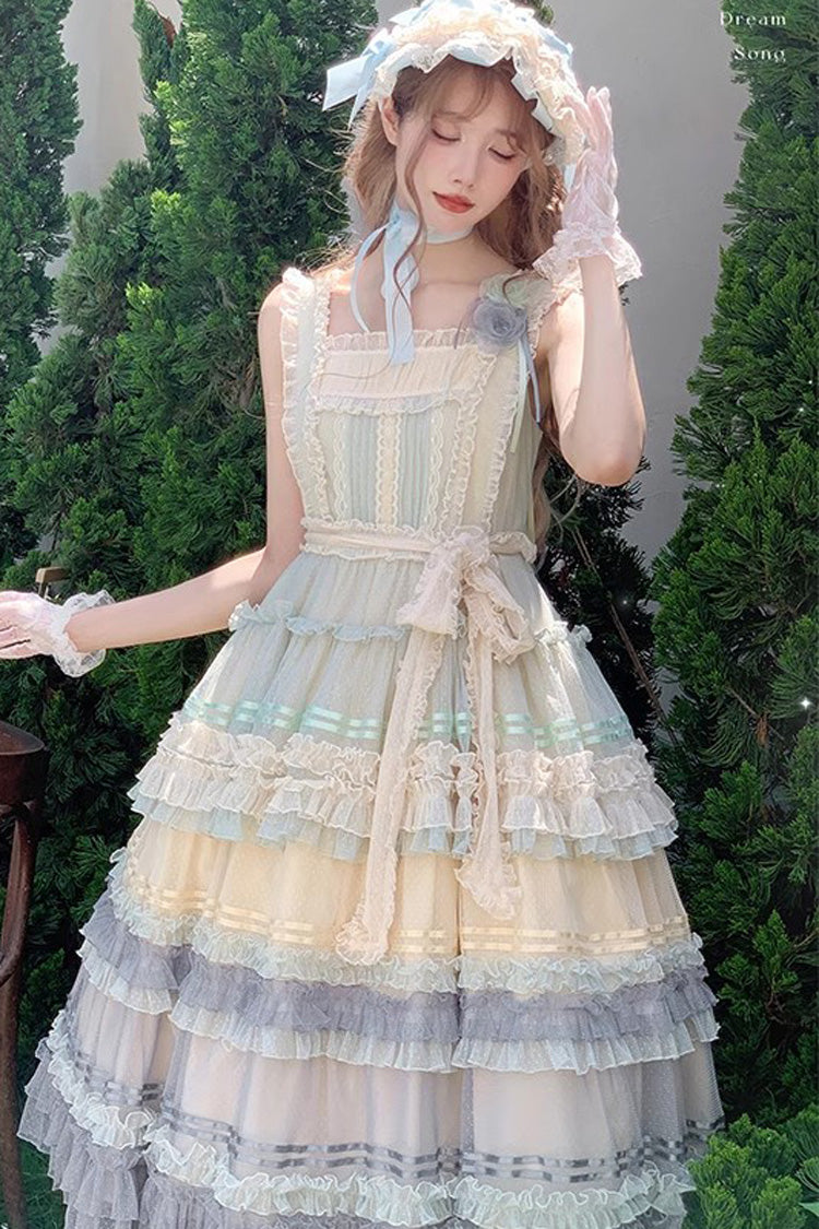 Rainbow Cloud Gradient Triple-Layered Ruffle Bowknot Sweet Lolita Jsk Dress 2 Colors