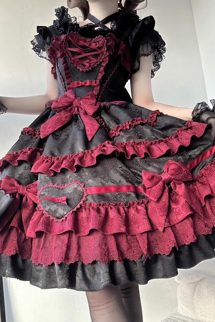 Black/Red Super Cute Belia Sleeveless Triple-Layered Ruffle Bowknot Lace Gothic Elegant Lolita Jsk Dress