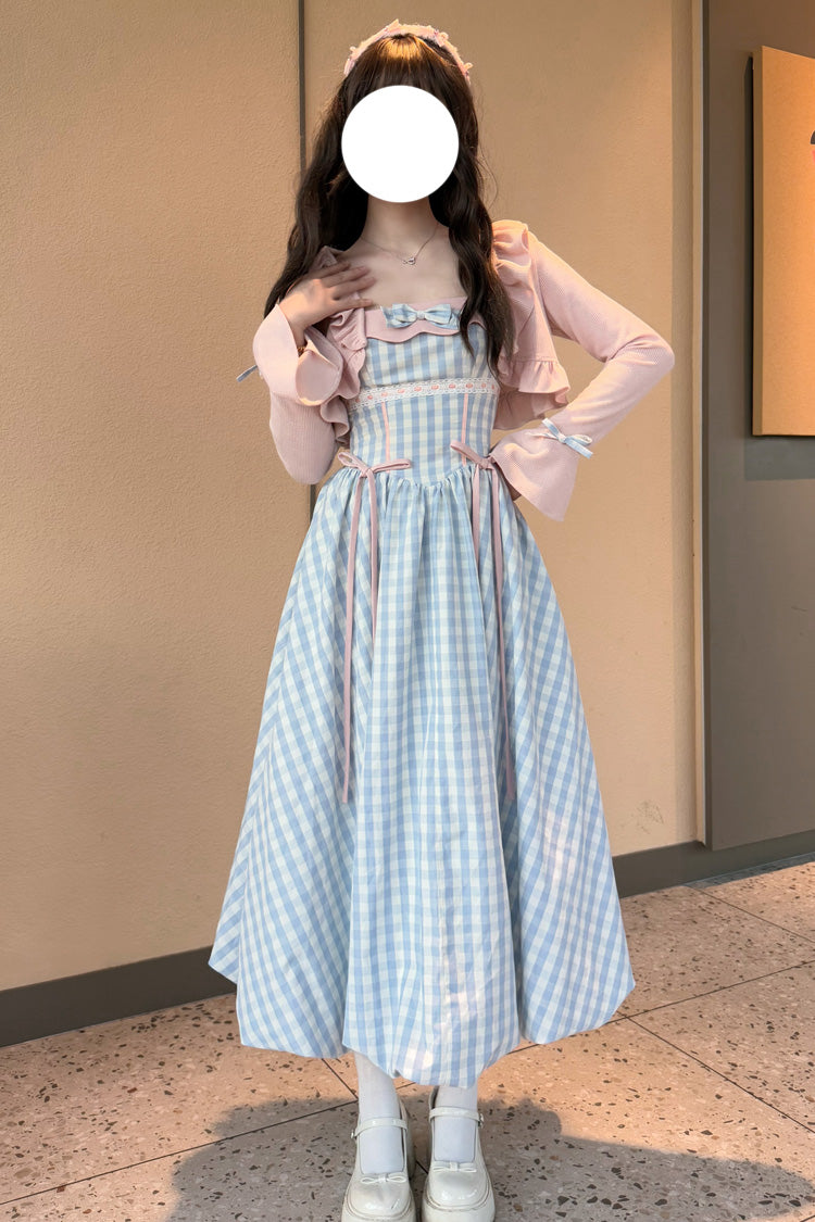 Blue Sea Salt Strawberries Sleeveless Plaid Print Bowknot Sweet Lolita Jsk Long Dress