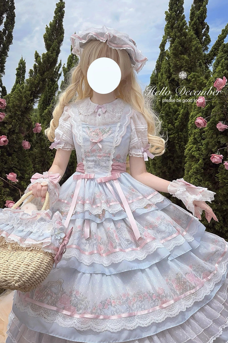 Multi-Color Rose Flower Cage Print Triple-Layered Ruffle Bowknot Sweet Elegant Lolita Jsk Dress