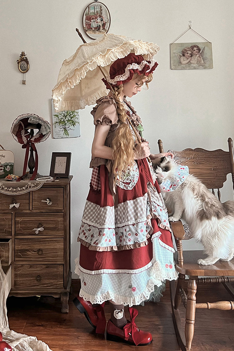Multi-Color Cherry Print Short Sleeves Multi-Layered Ruffle Embroidery Sweet Lolita Dress