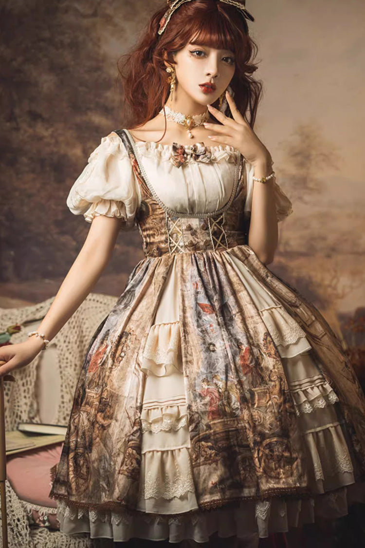Brown Cloria Oil Painting Print Bowknot Lace Sweet Elegant Palace Lolita Jsk Dress