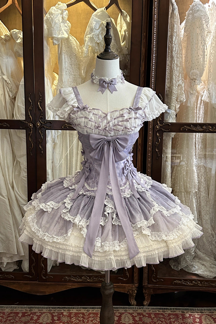 Purple Floral Dream Short Sleeves Multi-Layered Ruffle Embroidery Bowknot Lace-Up Sweet Elegant Ballet Lolita Jsk Dress
