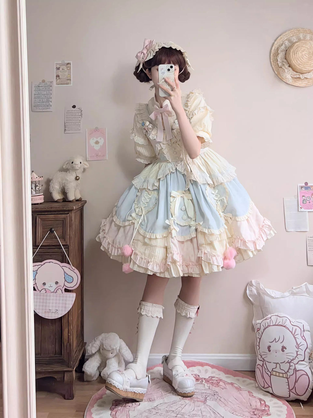 Multi-Color Mianmian Macaron Sleeveless Multi-Layered Ruffle Bowknot Lace Sweet Lolita Jsk Dress (Short Version)