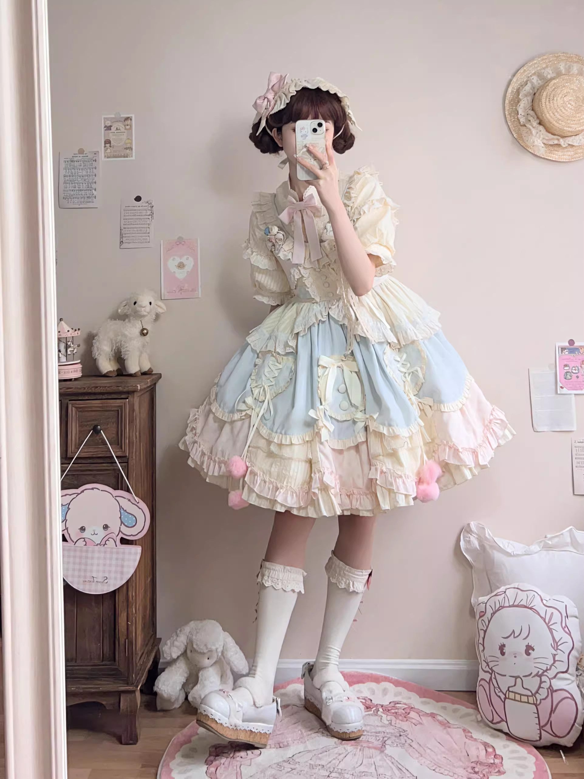 Multi-Color Mianmian Macaron Sleeveless Multi-Layered Ruffle Bowknot Lace Sweet Lolita Jsk Dress (Short Version)