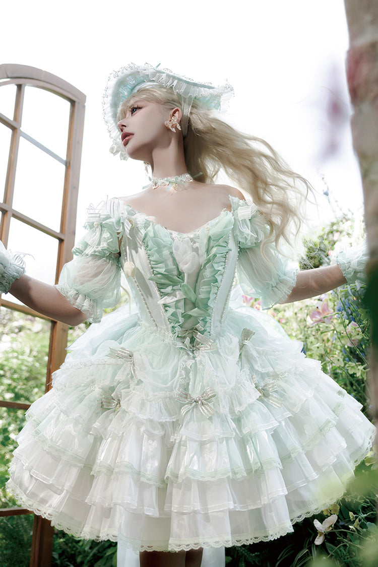 Green Tulip and Wind Chime Multi-Layered Ruffle Bowknot Lace Sweet Gorgeous Lolita Jsk Dress