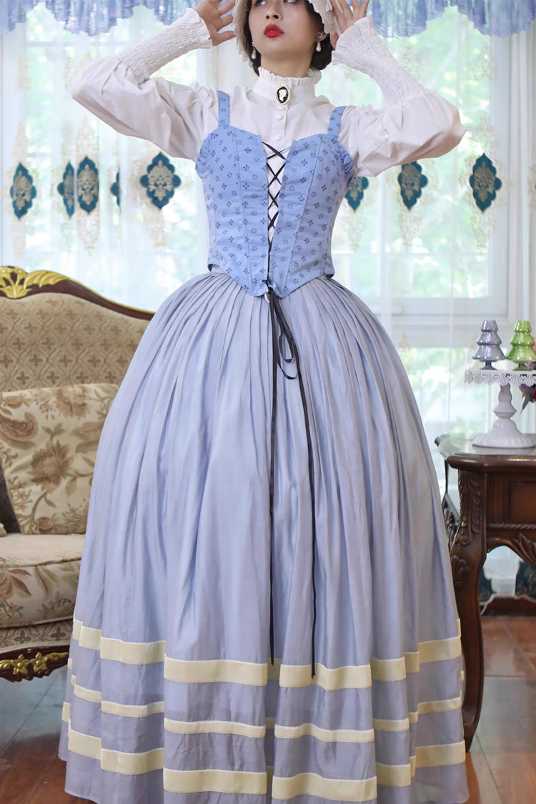 Light Blue Bashu Girl Long Puff Sleeves Print Lace-Up Fishbone Corset Sweet Lolita Skirt Dress Three-Piece Set
