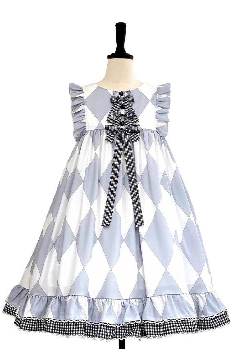 White/Blue Sleeveless Diamond Plaid Print Bowknot Alice Sweet Lolita JSK Dress