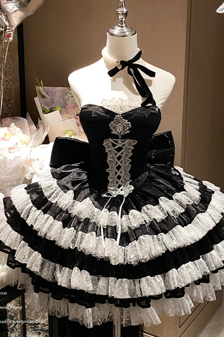 Black Heartbeat at First Sight Off Shoulder Sleeveless Multi-Layered Ruffle Bowknot Lace Lace-Up Sweet Princess Gorgeous Lolita Dress