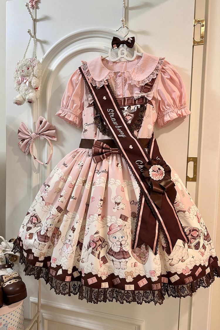 Chocolate Rosette Cat Print Bowknot Stitching Lace Sweet Lolita Jsk Dress 4 Colors