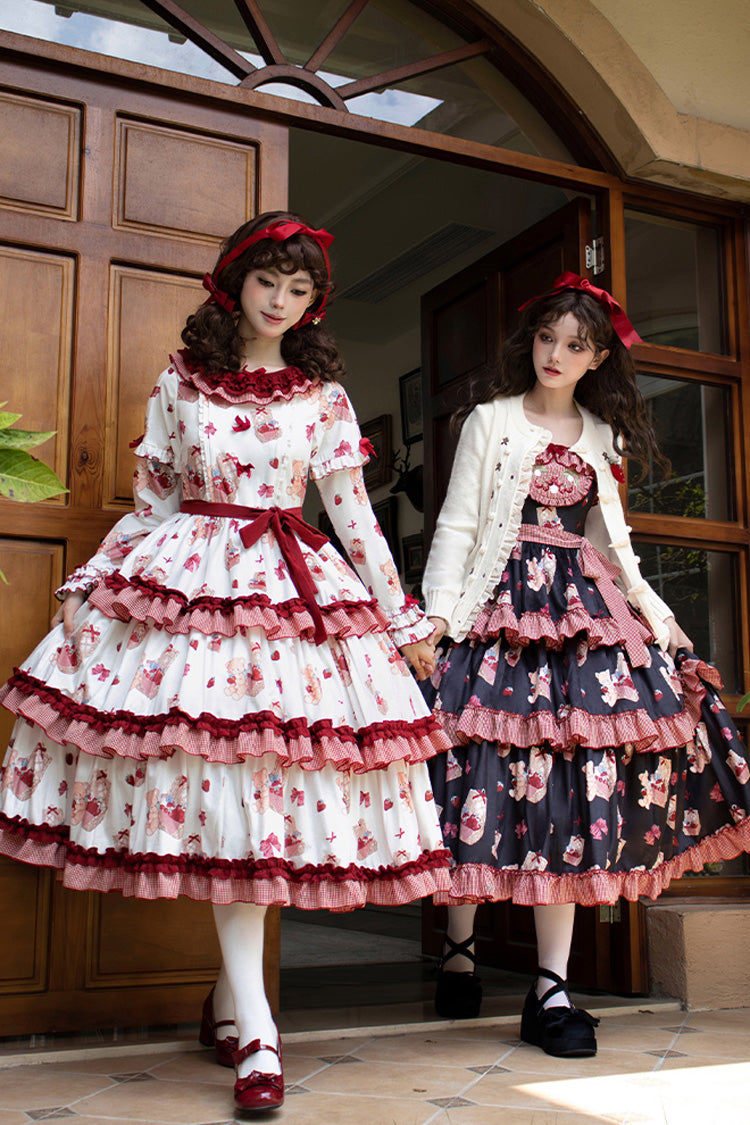 Blue/Pink Bell Strawberry Farm Embroidery Print Triple-Layered Ruffle Sweet Lolita JSK Dress