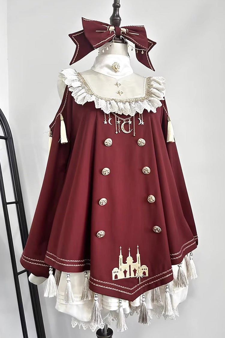 Red Starry Night Long Sleeves Ruffle Embroidery Sweet Princess Lolita Dress Full Set