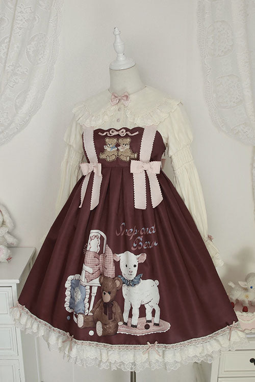 Wine Sheep & Bear Print Alice Girl Bowknot Ruffled Sweet Lolita JSK Dress