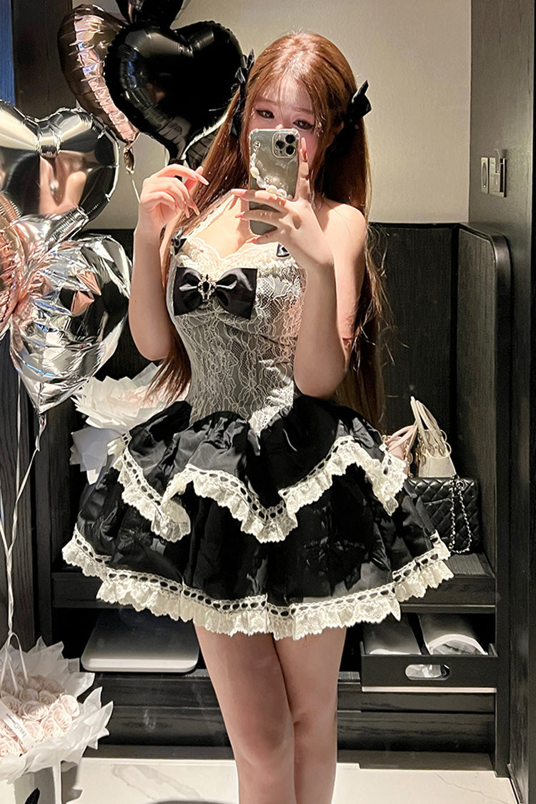 Black Asking For A Kiss Halterneck Double-Layered Bowknot Lace Gothic Lolita Dress