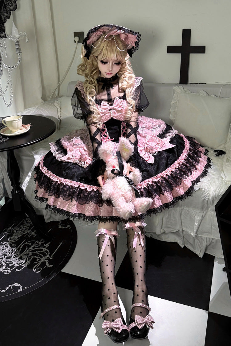 Black/Pink Rose Princess Sleeveless Ruffle Bowknot Lace Lace-Up Sweet Ballet Lolita Jsk Dress
