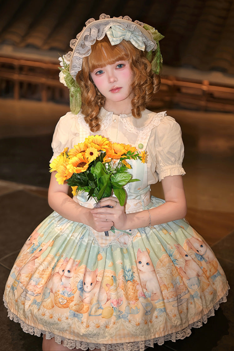Green Pineapple Cat Print Sleeveless Bowknot Lace Sweet Lolita Strap Dress