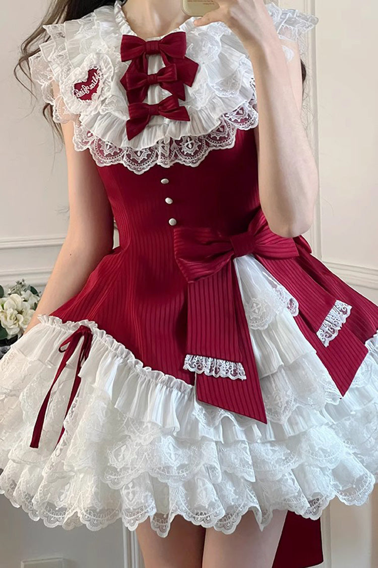 Red Miss Tsundere Sleeveless Multi-Layered Ruffle Bowknot Lace Asymmetric Sweet Princess Lolita Dress
