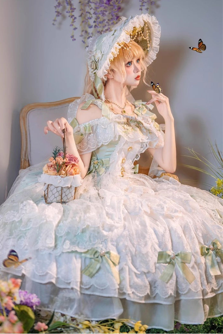 Green Glazed Phantom Off Shoulder Ruffle Hanayome Bowknot Lace Sweet Elegant Lolita Dress
