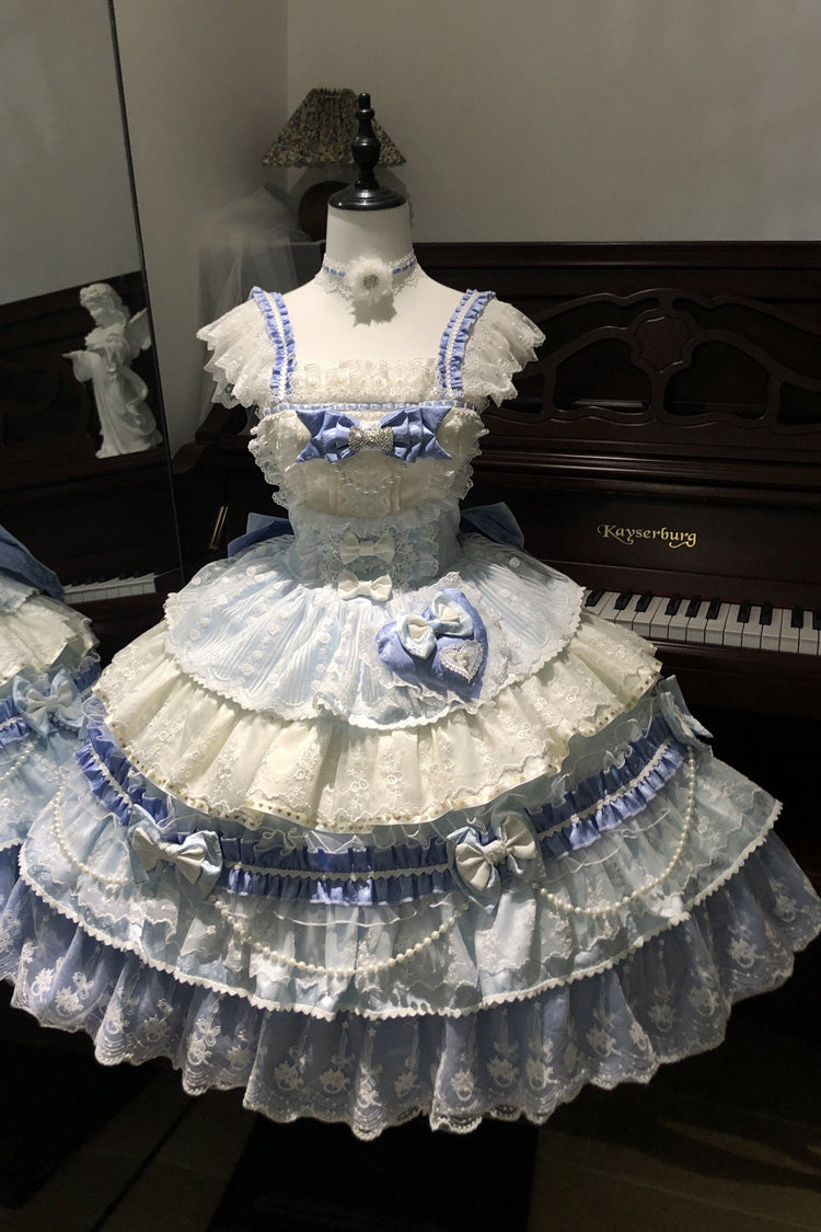 Blue Falling Sakura Multi-Layered Ruffled Hanayome Bow Lace Sweet Plus Size Princess Lolita Jsk Dress