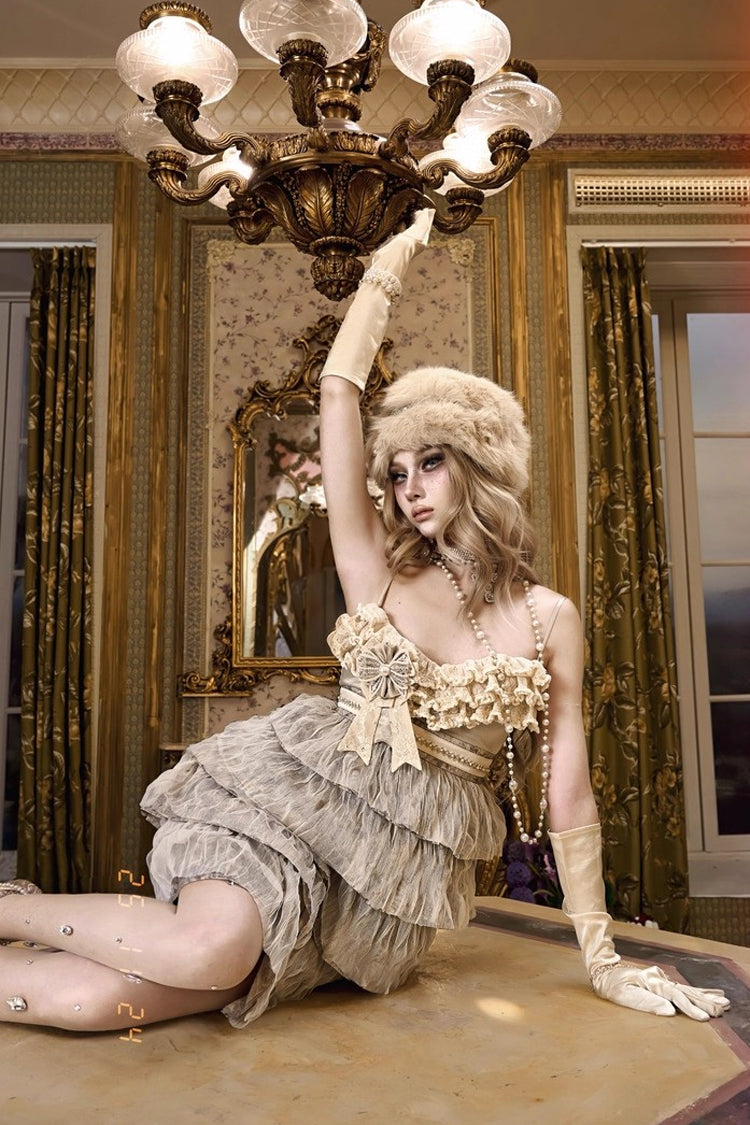 Beige Slavic Noble Lady Sleeveless Multi-Layered Ruffled Bow Sweet Elegant Lolita Jsk Dress