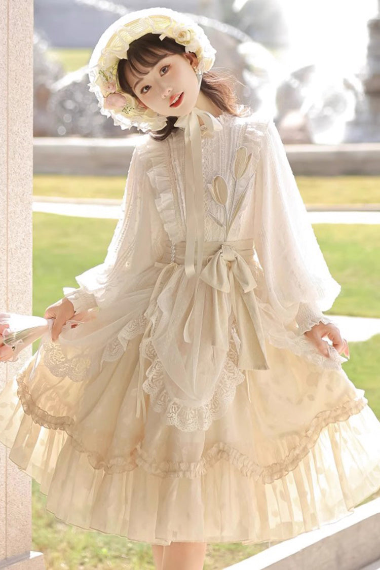 Ivory Stand Collar Long Sleeves Print Ruffle Sweet Princess Lolita Dress