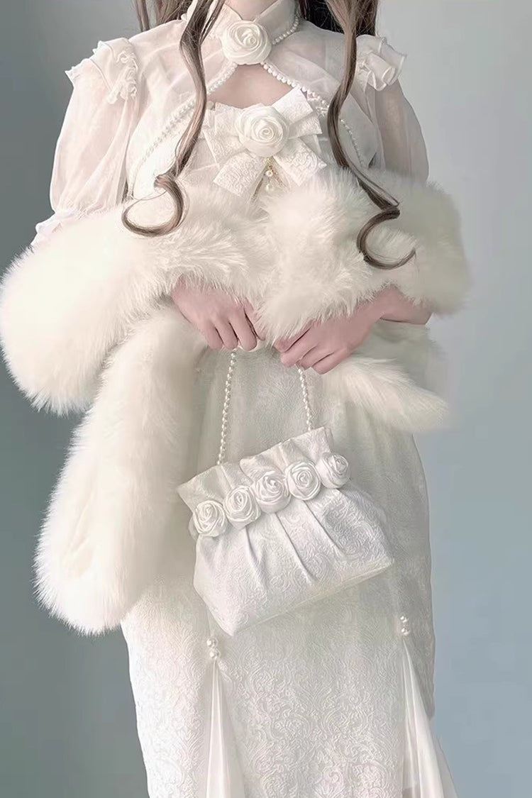 White Camellia 1.0 Sleeveless Jacquard Ruffle Lace Sweet Chinese Style Lolita Jsk Fishtail Dress