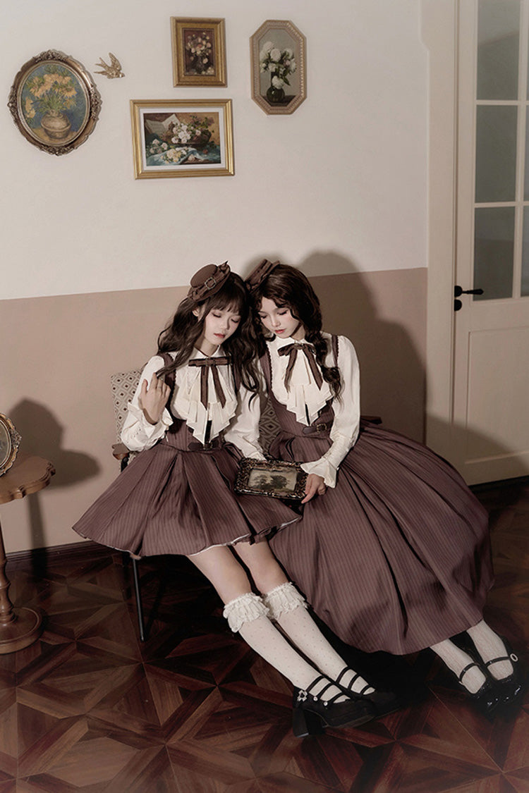 Brown Manchester City's Past Striped Print Breast Support Long Version Sweet Lolita Dress