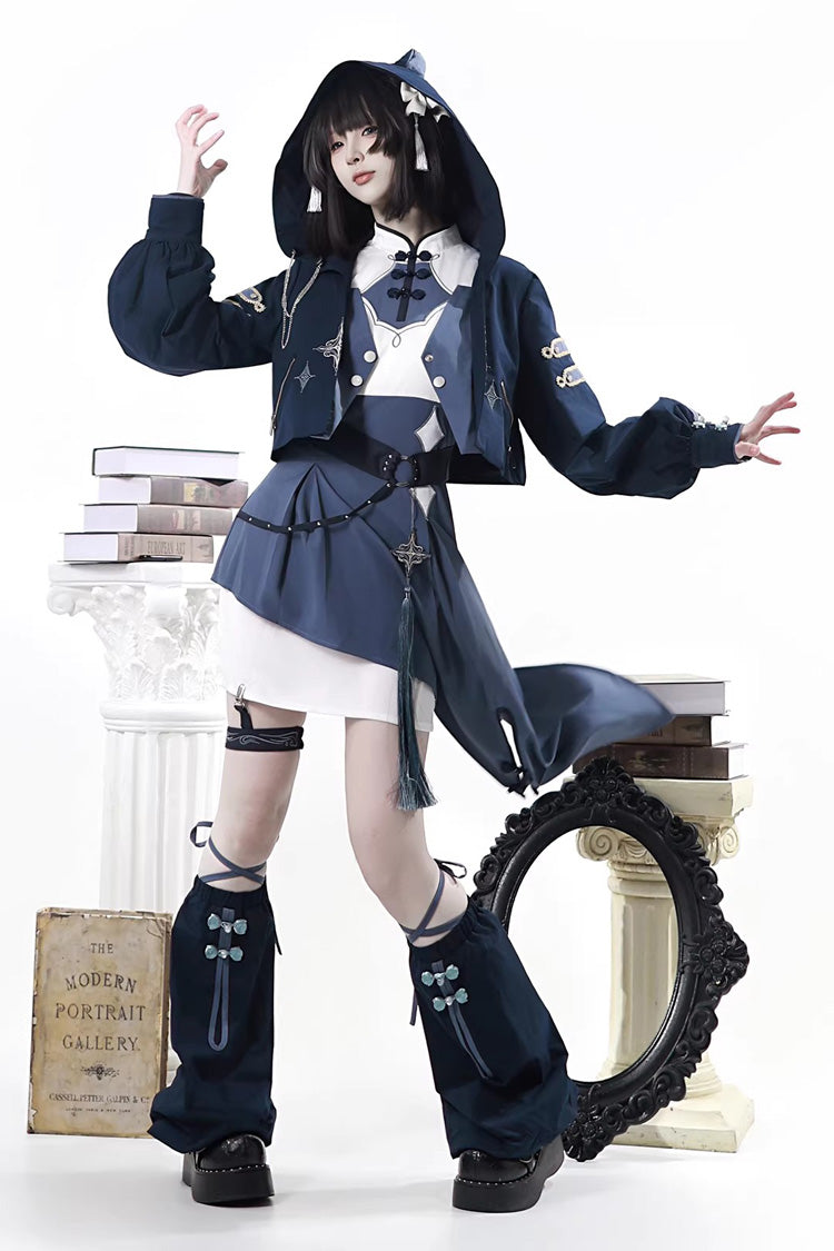 Blue Indigo Shadow Journey Stand Collar Long Sleeves Embroidered Hooded Asymmetric Punk Ouji Lolita Dress Four-Piece Set