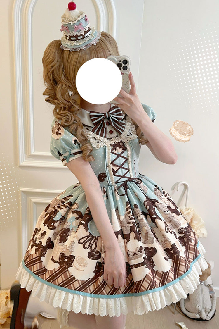 Brown Peppermint Chocolate Chocolate Cake Bear Print Ruffle Bowknot Lace-Up Sweet Lolita Dress