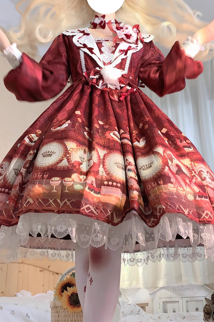 Red Afternoon Fantasia Print Ruffle Bowknot Sweet Lolita Jsk Dress
