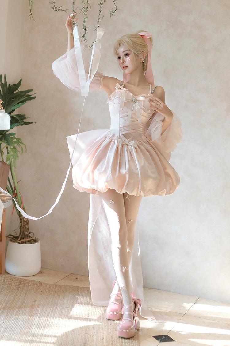 Pink The Runaway Princess Sleeveless Ruffle Bowknot Lace-Up Sweet Lolita Jsk Tulip Dress Set
