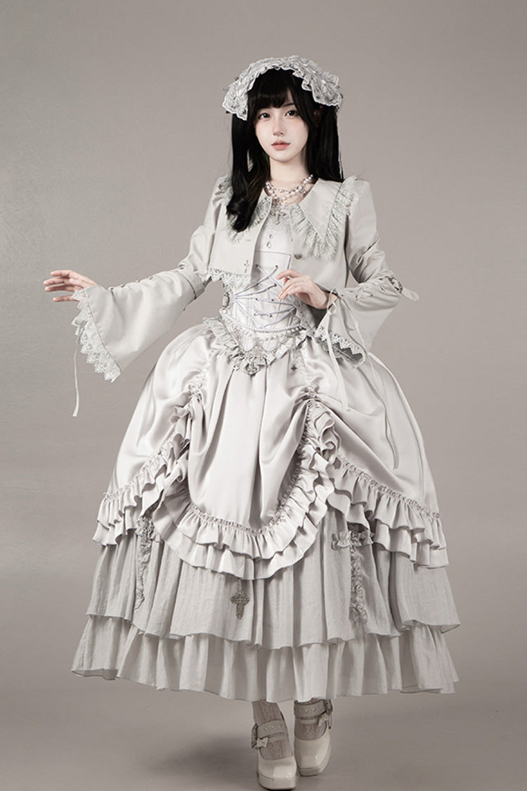 Solid Color Bionic Doll Square Collar Multi-Layered Ruffle Bowknot Lace-Up Gothic Lolita Long Skirt Corset Set