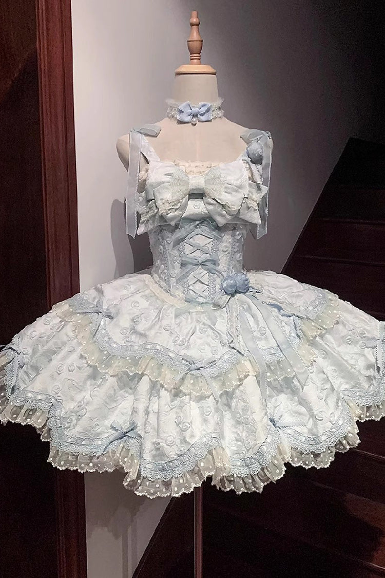 Blue Floral Overture Double-Layered Ruffle Embroidery Bowknot Lace Sweet Lolita Jsk Dress