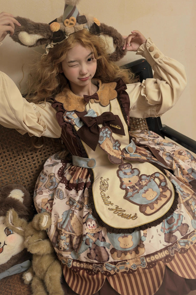 Bear Cookies Print Long Sleeves Ruffle Bowknot Sweet Lolita OP Dress 2 Colors