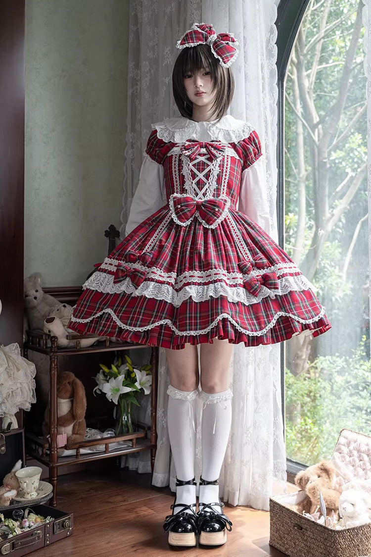 Red Gingham Petal Bunny Short Sleeves Printed Ruffled Bow Sweet Lolita OP Dress