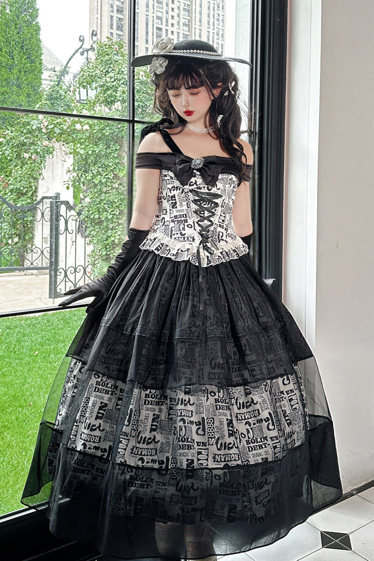 Black Pin-Up Girl Boat Neck Printed Ruffled Bow Lace-Up Asymmetric Gothic Elegant Lolita Skirt Set