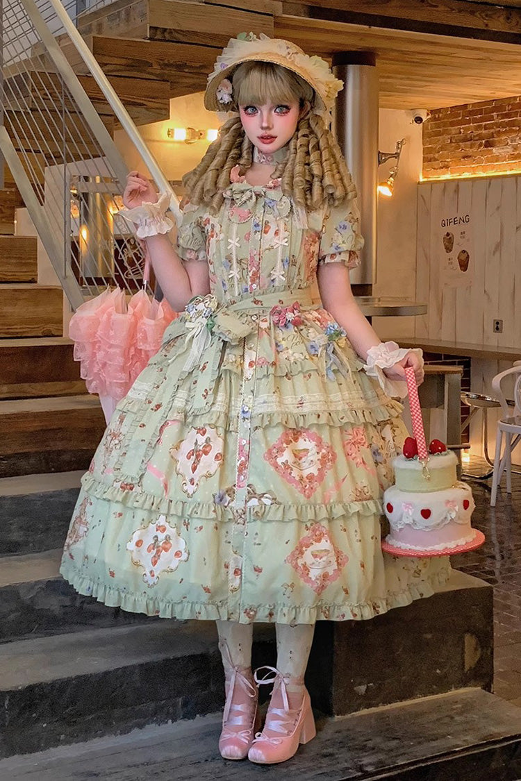 Green Cat Rose Tea Short Sleeves Print Ruffle Cardigan Bowknot Daily Sweet Lolita Dress