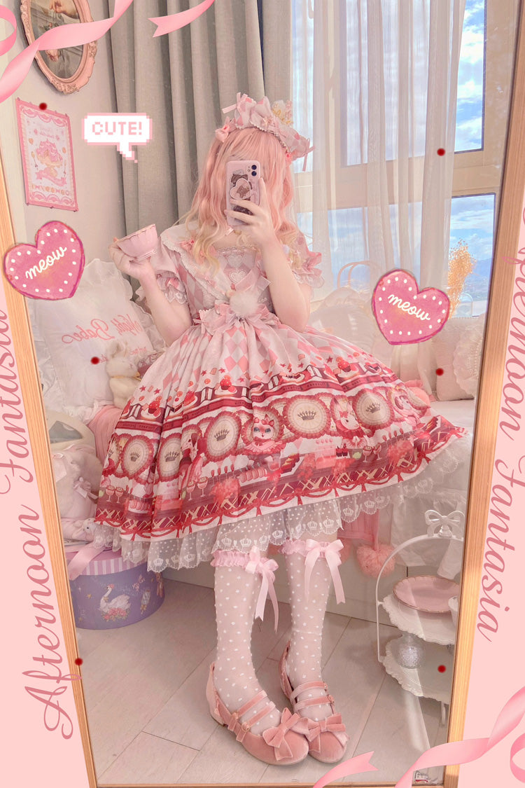 White Afternoon Fantasia Print Ruffle Bowknot Sweet Lolita Jsk Dress