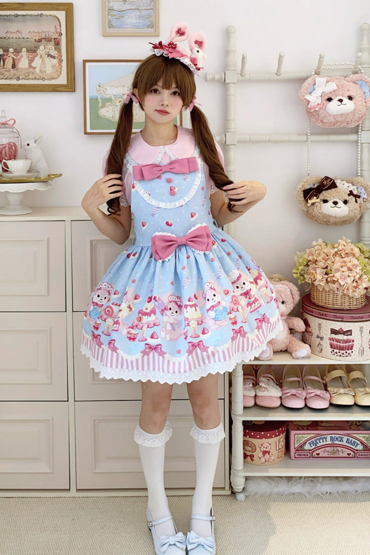 Blue/Pink Cupid Bunny Printed Sleeveless Bow Sweet Princess Lolita Strap Dress