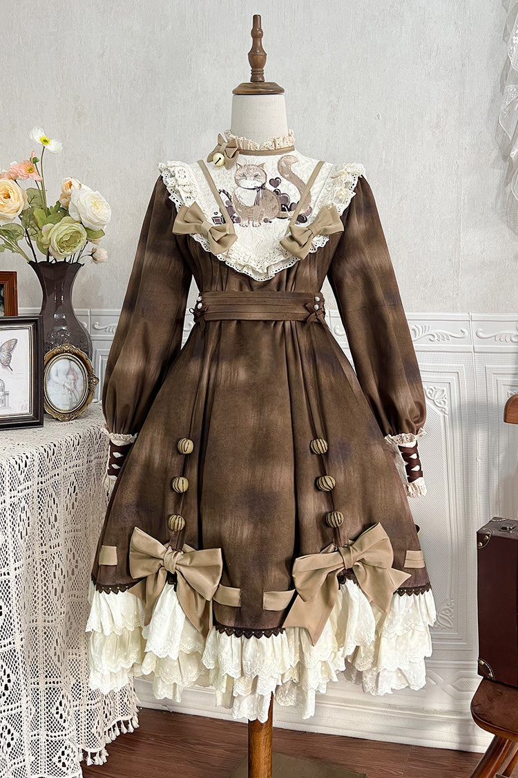 Brown Chocolate Cat Print Long Sleeves Ruffle Bowknot Sweet Lolita Dress