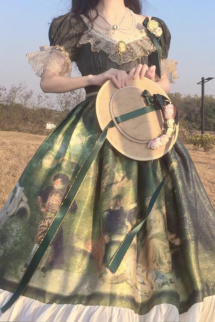 Green Short Sleeves Forest Dance Print Ruffle Sweet Elegant Lolita Dress